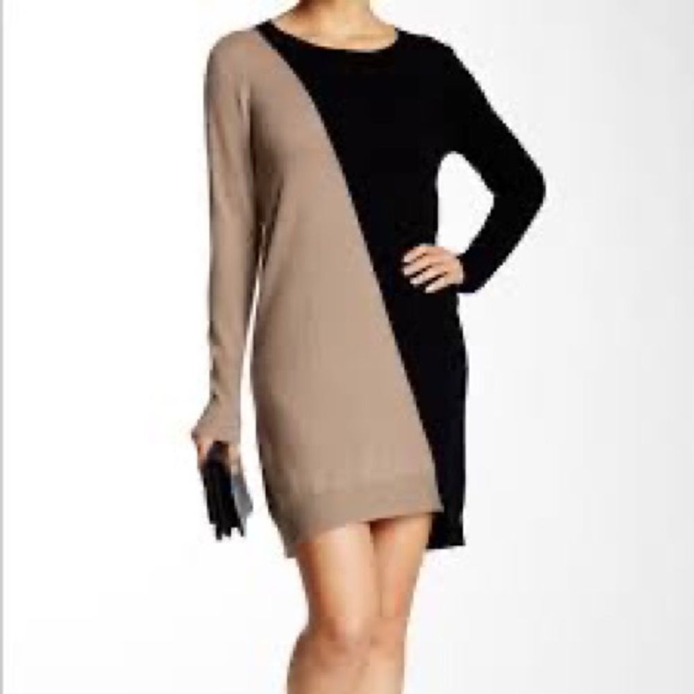 360 Cashmere Luxurious Tan Black Color Block Assymetrical Sweater Dress Sz L